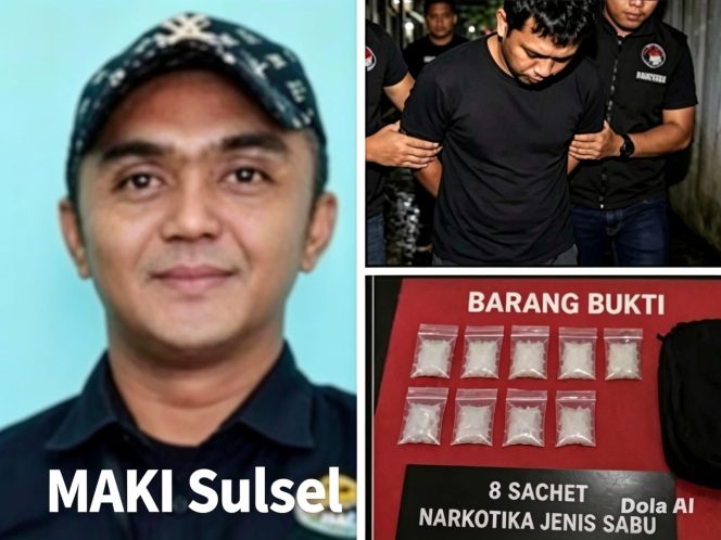 
					Tersangka saat dibekuk oleh Satnarkoba Polres Gowa dalam operasi senyap, sementara MAKI Sulsel mendesak pengungkapan jaringan bandar besar di balik kasus tersebut dalam keterangannya tertulisnya, Sabtu (02/5/2026) (Foto: Istimewa)