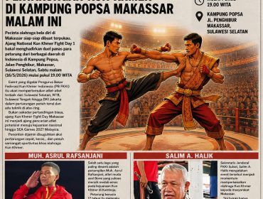 Kota Makassar Sulawesi Selatan menjadi tuan rumah ajang National Kun Khmer Fight Day 1 yang digelar oleh Pengurus Besar Federasi Kun Khmer Indonesia (FB FKKI) sebagai bagian dari sosialisasi olahraga bela diri Kun Khmer sekaligus penjaringan atlet potensial menuju kejuaraan nasional dan internasional. Kompetisi yang berlangsung di kawasan Popsa, Jalan Penghibur, Makassar, Sabtu (16/5/2026) 