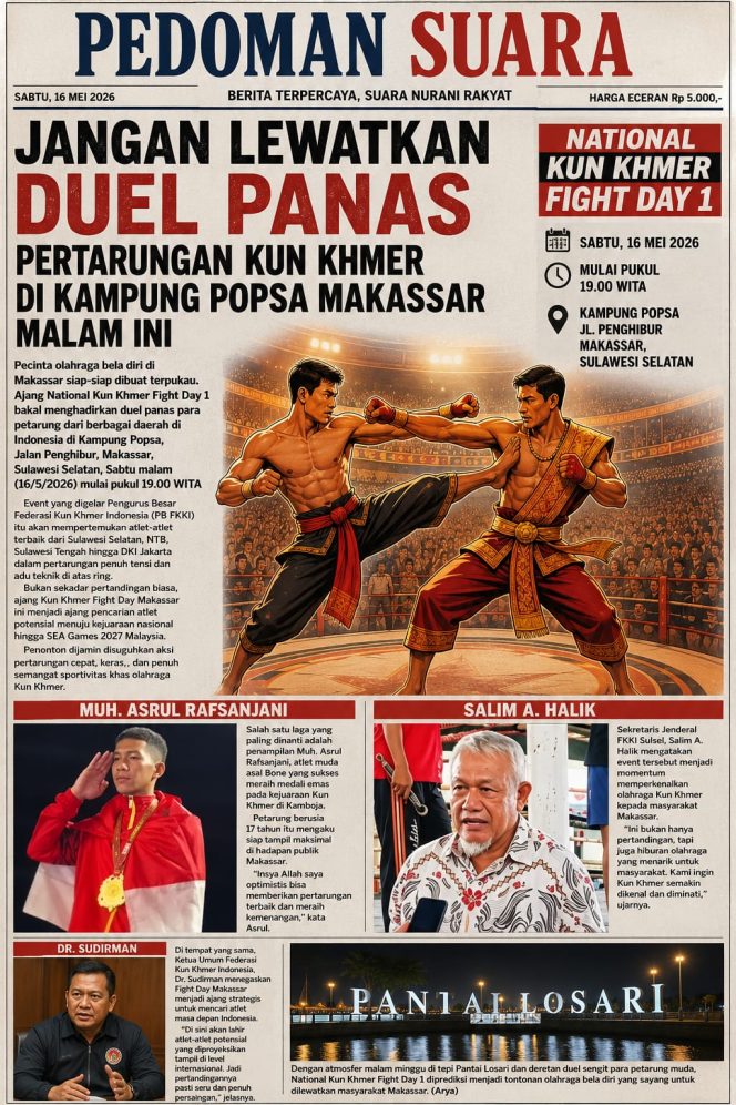 
					Kota Makassar Sulawesi Selatan menjadi tuan rumah ajang National Kun Khmer Fight Day 1 yang digelar oleh Pengurus Besar Federasi Kun Khmer Indonesia (FB FKKI) sebagai bagian dari sosialisasi olahraga bela diri Kun Khmer sekaligus penjaringan atlet potensial menuju kejuaraan nasional dan internasional. Kompetisi yang berlangsung di kawasan Popsa, Jalan Penghibur, Makassar, Sabtu (16/5/2026) 